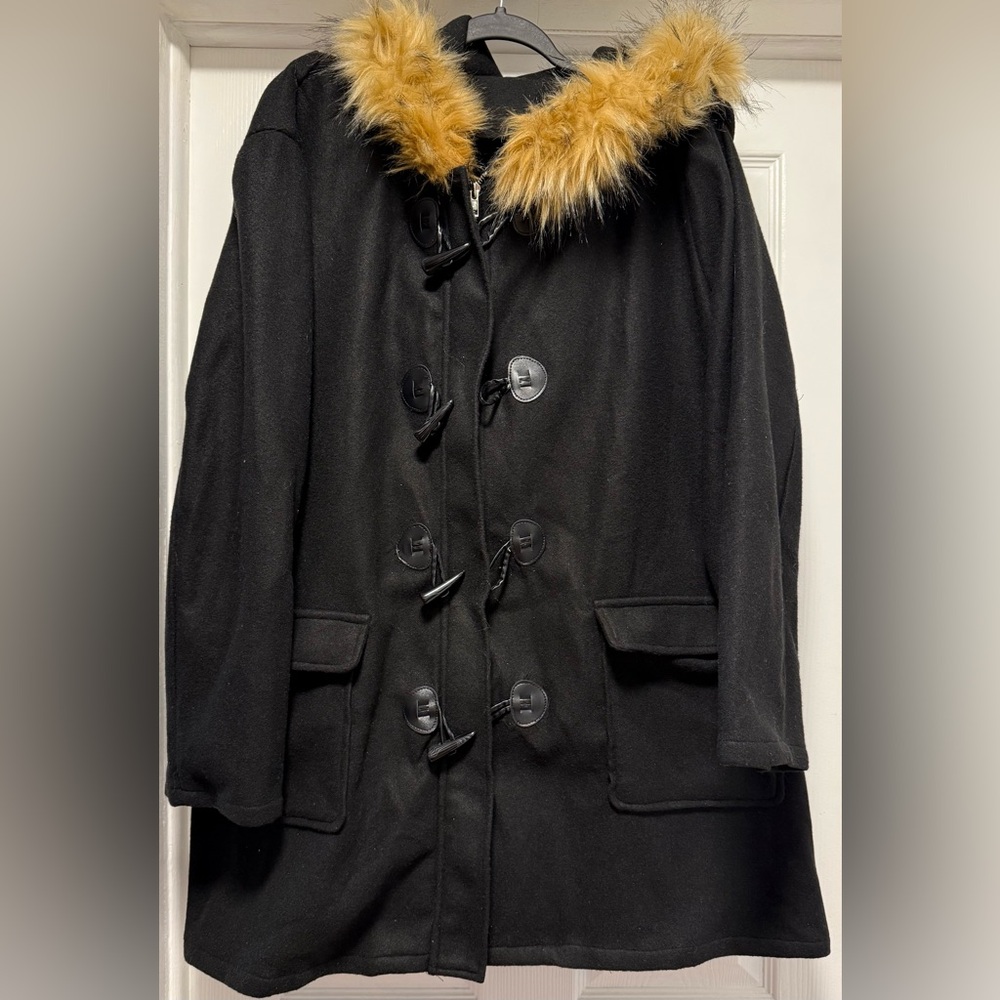 Black Faux Fur Hooded Women's Coat